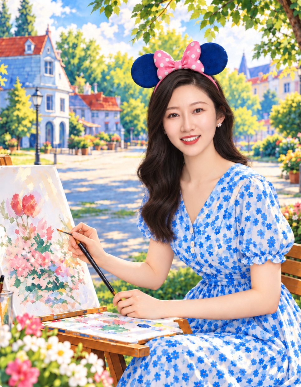 Painting of a smiling woman in Minnie Mouse ears and a blue floral dress, painting flowers at an easel in a sunny garden.