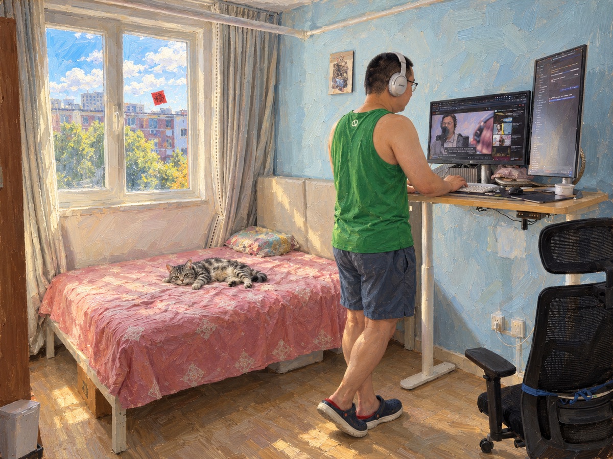 Painting of a sunlit room: a person in headphones works at a standing desk while a tabby cat naps on the bed.
